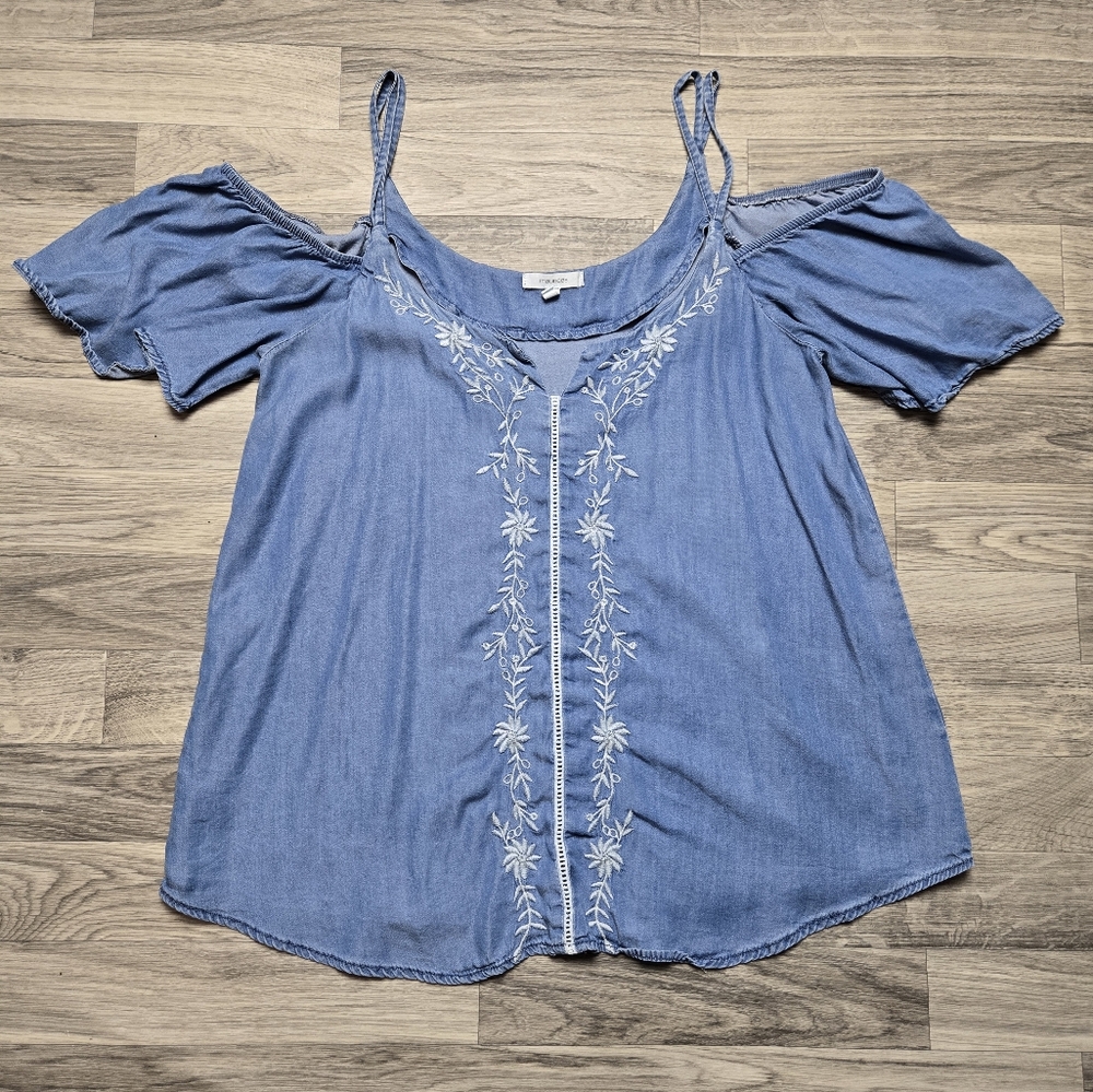 Maurices Boho Chambray Embroidered Cold Shoulder Top